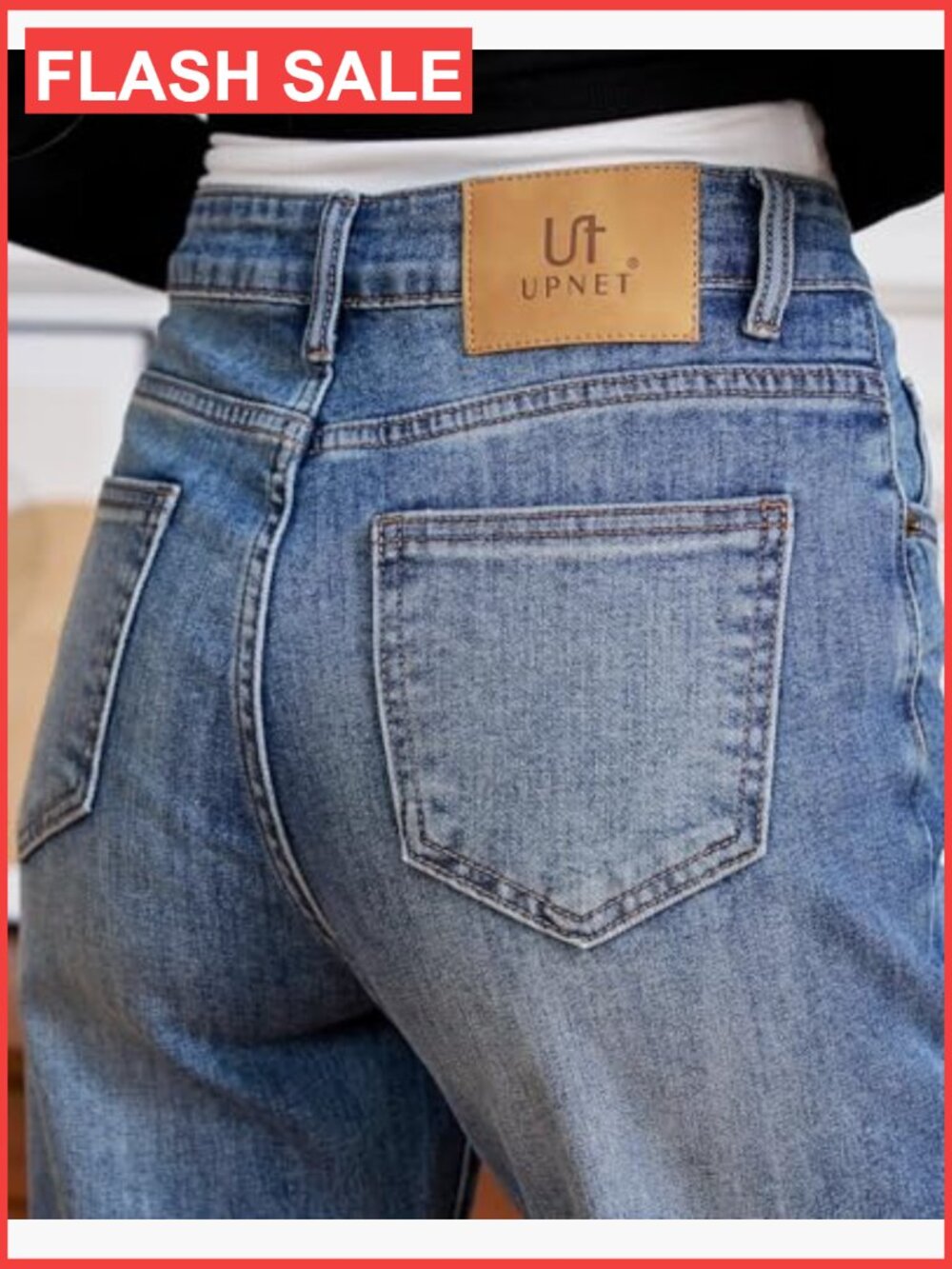 High Waisted Straight Leg Jeans Raw Hem Tummy Control Stretchy Denim - Picture 2 of 7